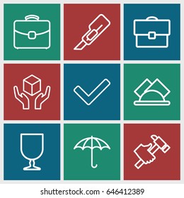 Box icons set. set of 9 box outline icons such as cutter, hummer, keep dry cargo, fragile cargo, handle with care, case, napkin