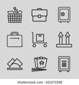 Box icons set. set of 9 box outline icons such as safe, chinese fast food, cargo arrow up, cargo on cart, safe, case, napkin