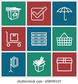 Box icons set. set of 9 box outline icons such as chinese fast food, noodles fast food, keep dry cargo, cargo on cart, tick