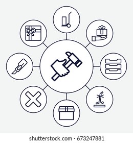Box icons set. set of 9 box outline icons such as gift, cutter, hummer, cart cargo, no standing nearby, cross