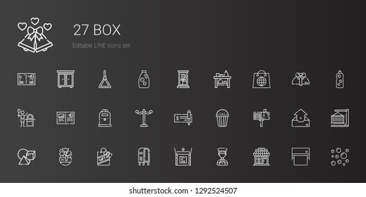 box icons set. Collection of box with clothing shop, postman, unboxing, letterbox, gift, cubes, mailbox, popcorn, check, rack, paper bin, postcard. Editable and scalable box icons.