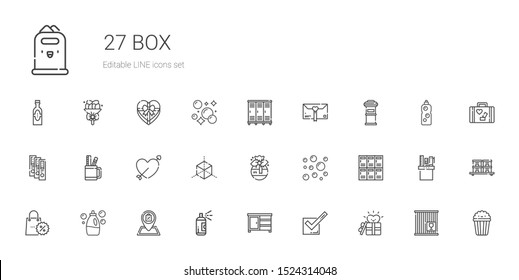 box icons set. Collection of box with gift, tick, drawer, paint, shop, detergent, promotions, lockers, bubbles, cube, cupid, pencil case, binder. Editable and scalable box icons.