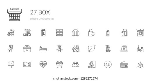 box icons set. Collection of box with package, locker, gift, gifts, postcard, mailbox, delivery, cupid, ship, check in, supermarket, supermarkets. Editable and scalable box icons.