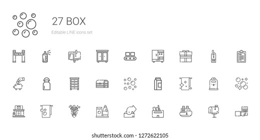 box icons set. Collection of box with ship, outbox, detergent, bouquet, towel, post office, towels, milk, bubbles, chest, drawer, piggy bank. Editable and scalable box icons.