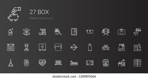box icons set. Collection of box with shop, postcard, ship, stock, chocolate box, gift, holder, gifts, products, cupid, towel, closet, postman. Editable and scalable icons.