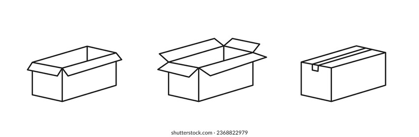 Conjunto de iconos de caja. Caja de entrega, paquete, cajas de exportación, caja de carga, caja de regalo, embalaje abierto. Colección de iconos web simples lineales. Ilustración del vector