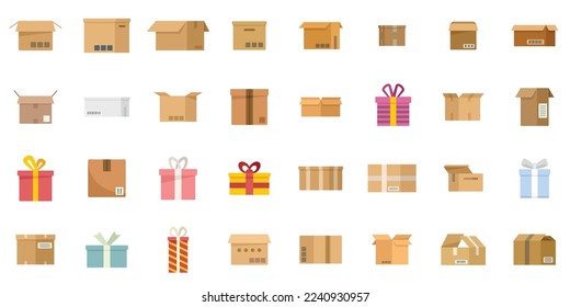 Box icons set flat vector. Gift present. Close surprise isolated