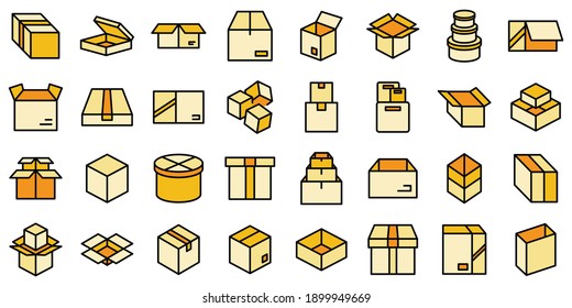 Box icons set. Outline set of box vector icons thin line color flat on white