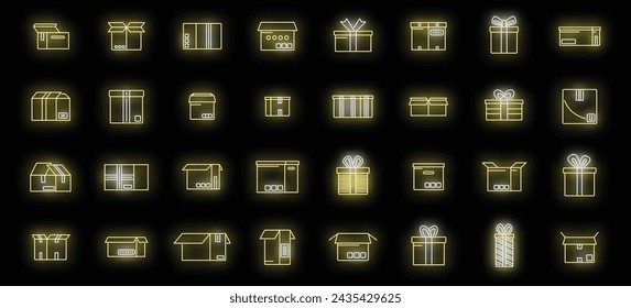 Box icons set outline vector. Gift present. Close surprise neon isolated