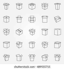 Box icons set. Vector cardboard boxes and packages thin line symbols or logo elements