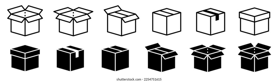 Box icons set.Shipping, delivery box or container icons. Carton box simple icon collection. Delivery symbol Empty open shipping box or unboxing line art