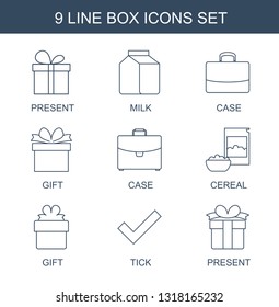 box icons. Trendy 9 box icons. Contain icons such as present, milk, case, gift, cereal, tick. box icon for web and mobile.