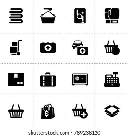 Box icons. vector collection filled box icons. includes symbols such as robot transmission, car first aid kit, package, washing powder. use for web, mobile and ui design.