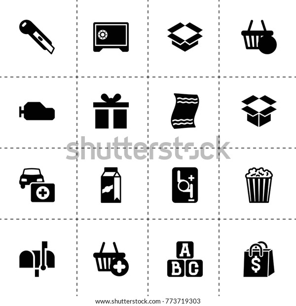 Box icons. vector\
collection filled box icons. includes symbols such as gearbox,\
robot transmission, car first aid kit, stationery knife. use for\
web, mobile and ui design.