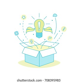 Box Idea with Electric Light Bulb Thin Line Think Outside Concept Web Design Element. Vector illustration of Lamp Symbol