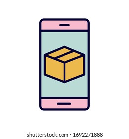 Box inside smartphone line and fill style icon design, Delivery logistics transportation shipping service warehouse industry and global theme Vector illustration