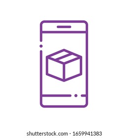 Box inside smartphone line style icon design, Delivery logistics transportation shipping service warehouse industry and global theme Vector illustration