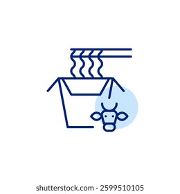 Box of instant noodles with beef flavour. Eating ramen with chopsticks. Fast food, delivery or snacks on the go. Pixel perfect, editable stroke vector icon