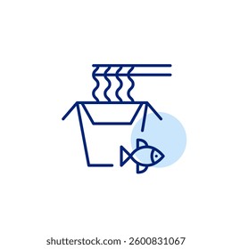 Box of instant noodles with fish flavour. Eating ramen with chopsticks. Fast food, takeaway, delivery or snacks on the go. Pixel perfect, editable stroke vector icon