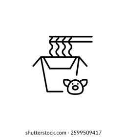 Box of instant noodles with pork flavour. Eating ramen with chopsticks. Fast food, takeaway, delivery or snacks on the go. Pixel perfect, editable stroke vector icon