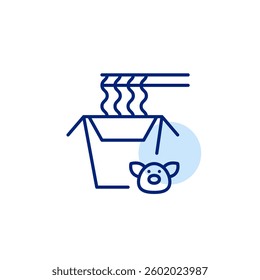 Box of instant noodles with pork flavour. Eating ramen with chopsticks. Fast food, takeaway, delivery or snacks on the go. Pixel perfect, editable stroke vector icon