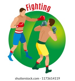 Box isometric background with faceless human characters of two men in boxing gloves with editable text vector illustration