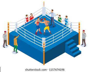 Box isometric composition with view of outdoor boxing ring with two athletes referee and fan characters vector illustration