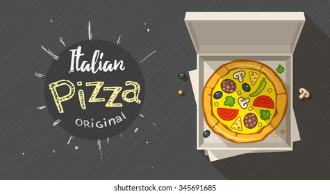 Box with italian pizza. vector illustration. Transparent objects used for lights and shadows drawing.