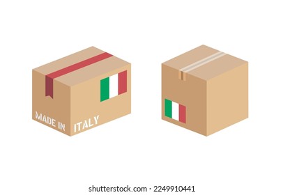 caja con el conjunto de iconos de la bandera italiana, paquete de entrega de cartón hecho en Italia