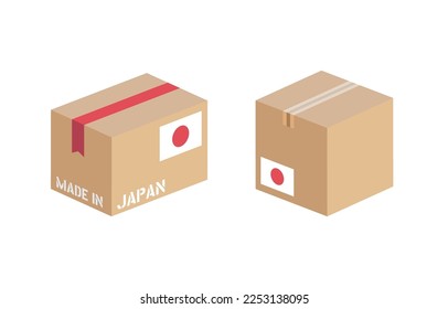 box with Japan flag icon set, cardboard delivery package made in Japan