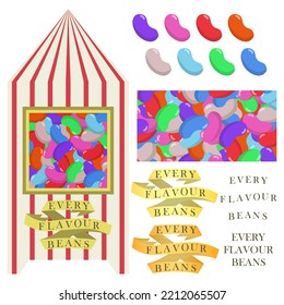 Box with jelly beans candies. EVERY FLAVOUR BEANS. seamless jelly beans pattern