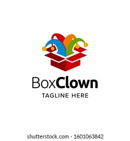 Box jester clown logo iconic. Branding for kids birthday party, festival, carnival, toys, perty organizing, event organizing, etc. Isolated logo vector inspiration. Graphic designs