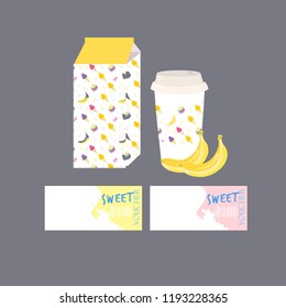 Box of juice, sugar water, ice cream, tea or cocktail with drawing banana, Isolated on the white background. Concept design , ice cream and geometric elements in memphis style background