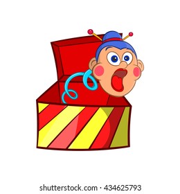 Box jumping with toy icon, cartoon style
