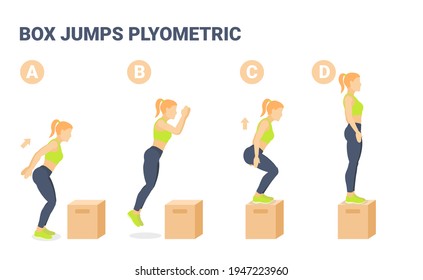 Box Jumps Female Home Workout Exercise Guidance Colorful Concept. Young woman in sportswear top, leggings, and sneakers do the high box jumps sport routing.