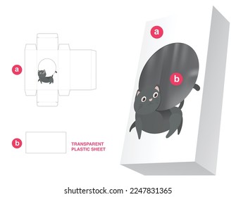 Caja con caricatura de gatito y ventana circular y plantilla de corte de hoja de plástico transparente