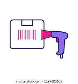 Box label scanning with barcode scanner color icon. Parcel bar code identification. Linear bar code handheld reader. Inventory control. Delivery service. Cardboard box. Isolated vector illustration