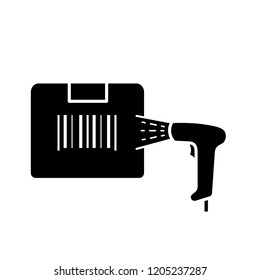 Box label scanning with barcode scanner glyph icon. Parcel bar code identification. Linear bar code handheld reader. Inventory control. Delivery service. Negative space. Vector isolated illustration