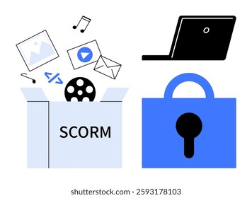 Box labeled SCORM with media icons like images and emails. Black laptop and blue padlock. Ideal for e-learning, digital content, SCORM, online security, educational technology. Simple flat design