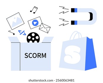 Box labeled SCORM with multimedia elements popping out, next to a magnet and shopping bag. Ideal for e-learning, digital content, education, online courses, instructional design. Simple modern style