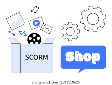 Box labeled SCORM with multimedia items like images, videos, and settings icon. Ideal for e-learning, multimedia, online shops, digital content, and software development. Modern, clean, minimal