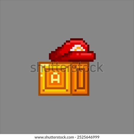 Box with the letter a and red hat, pixel art object illustration 