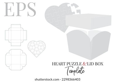 Caja con la tapa y el rompecabezas del corazón, Plantilla. Vector con capas de corte de mugre. Casilla cuadrada blanca, clara, en blanco y aislada se burla del fondo blanco con vista perspectiva. Autobloqueo, corte y plegado