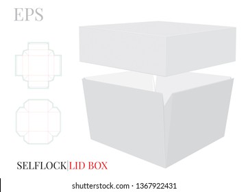 Box with Lid Template. Vector with Die Cut, Laser Cut Layers. White, clear, blank, isolated Square Box with lid mock up on white background with perspective view. Self Lock, Cut and Fold Packaging