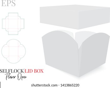 Box with Lid Template. Vector with Die Cut, Laser Cut Layers. White, clear, blank, isolated Square Box with lid mock up on white background with perspective view. Self Lock, Cut and Fold Packaging