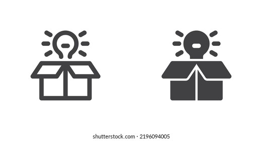 Icono de caja y bombilla, versión de línea y glifo, contorno y signo vectorial relleno. Piense en un pictograma lineal y completo. Símbolo de creatividad, ilustración del logo. Conjunto de iconos de estilo diferente