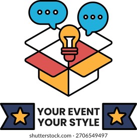 Una caja con una bombilla dentro y una caja con una estrella. La caja con la bombilla está etiquetada como "Tu evento, tu estilo"