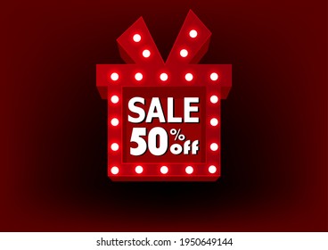 Box with light bulb and word sale on red background. Modern illustration. Realistic isolated retro rectangle. Neon billboard.