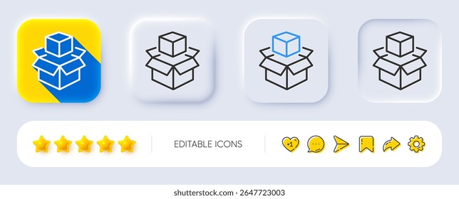 Feldliniensymbol. Neumorph, flacher Schatten, 3D-Tasten. Paketzeichen für Zustellung. Symbol für Verpackungskästen. Symbol "Verpackungsboxen für Positionen". Symbole sozialer Medien. Vektorgrafik