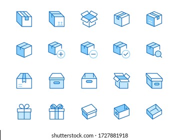 Box Line Icon Set. Carton, Cardboard Boxes, Product Package, Gift, Parcel Minimal Vector Illustrations. Simple Blue Outline Signs For Delivery Service Application. Editable Strokes.